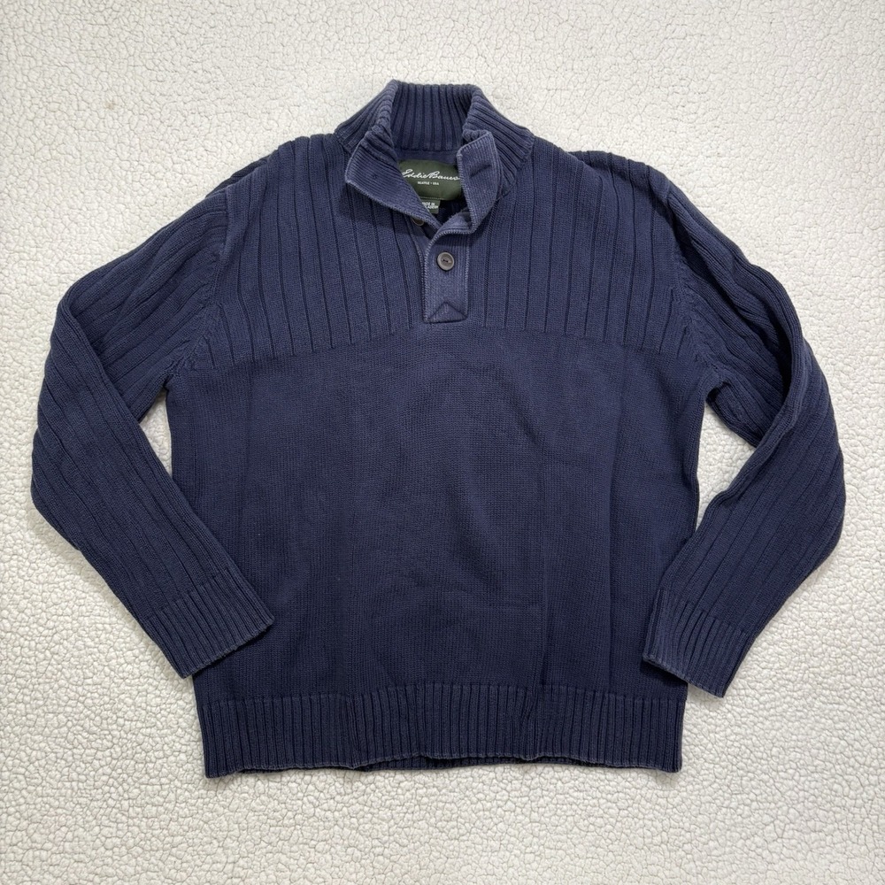 VTG Eddie Bauer Sweater Mens XXL Henley Cotton Fisherman Rib Knit Pullover Navy